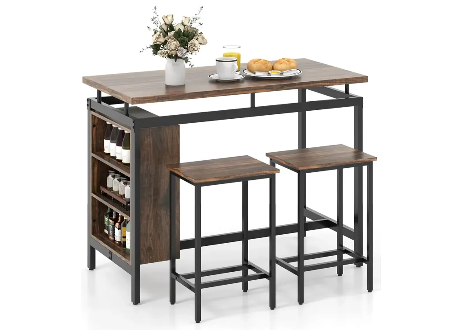 3 Pieces Dining Table Set with 3-Tier Storage Shelf and Metal Frame-Brown