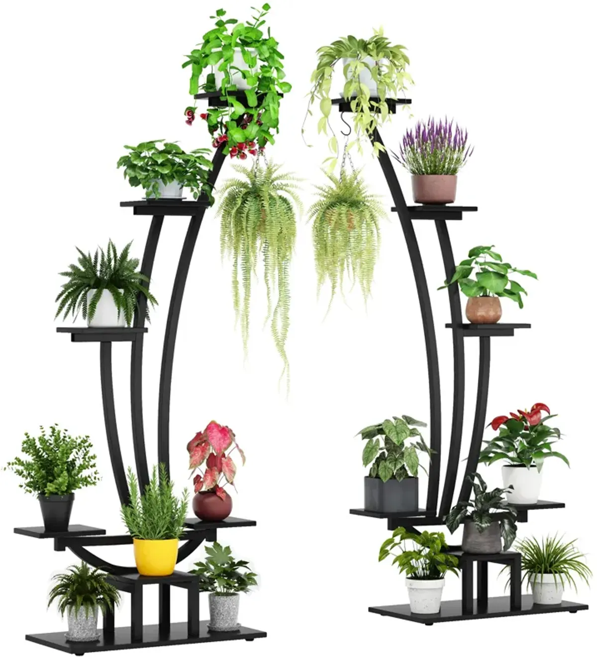 6-Tier Tall Indoor Plant Stand Pack of 2, Metal Curved Display Shelf with 2 Hanging Hooks, Multi-Purpose Bonsai Flower Pots Plant Rack for Indoor, Garden, Balcony, Living Room