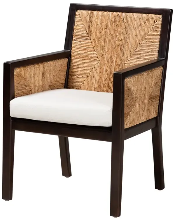 Bali & Pari Joana Modern Dark Brown Mahogany Wood and Natural Seagrass Dining Arm Chair