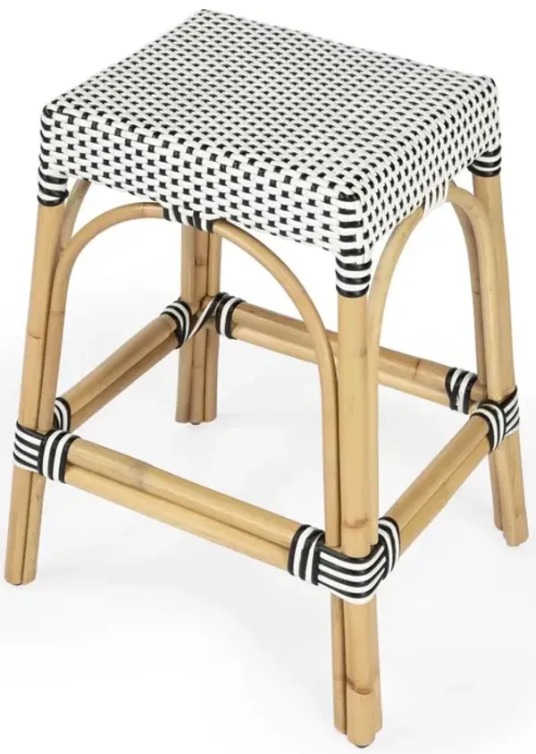 Butler Specialty Robias Rectangular Rattan 24.5 Counter Stool, White and Black Dot