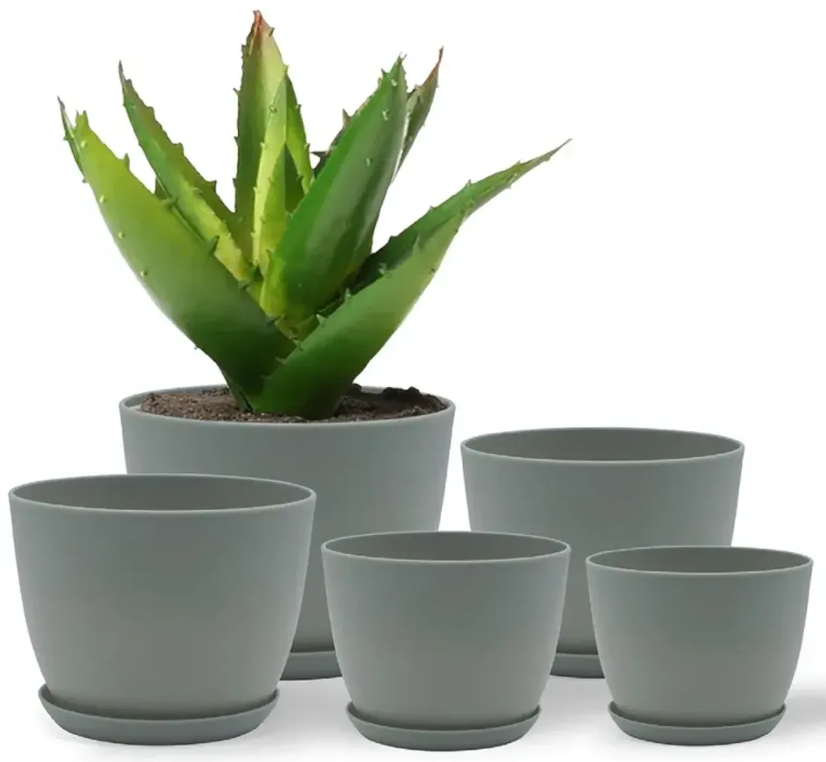 Campior Plastic Plant Pots with Drainage - Home Decor Flower Pot, Stackable Design for Indoor and Outdoor Use, Lightweight and Sturdy, Space-Saving, (7”, 6.6”, 6”, 5.3”, 4.8” Inches), Pack of 5, Gray