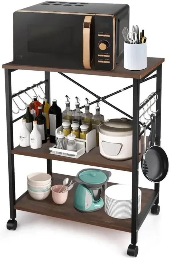 Modern Industrial Black Metal Brown Wood Kitchen Baker's Rack Microwave Cart