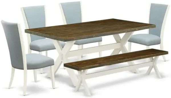 East West Furniture 6 Piece Kitchen Table Set - 4 Baby Blue Linen Fabric Dining Chair with Nailheads and Distressed Jacobean Rectangular Table - 1 Dining Room Bench - Linen White Finish