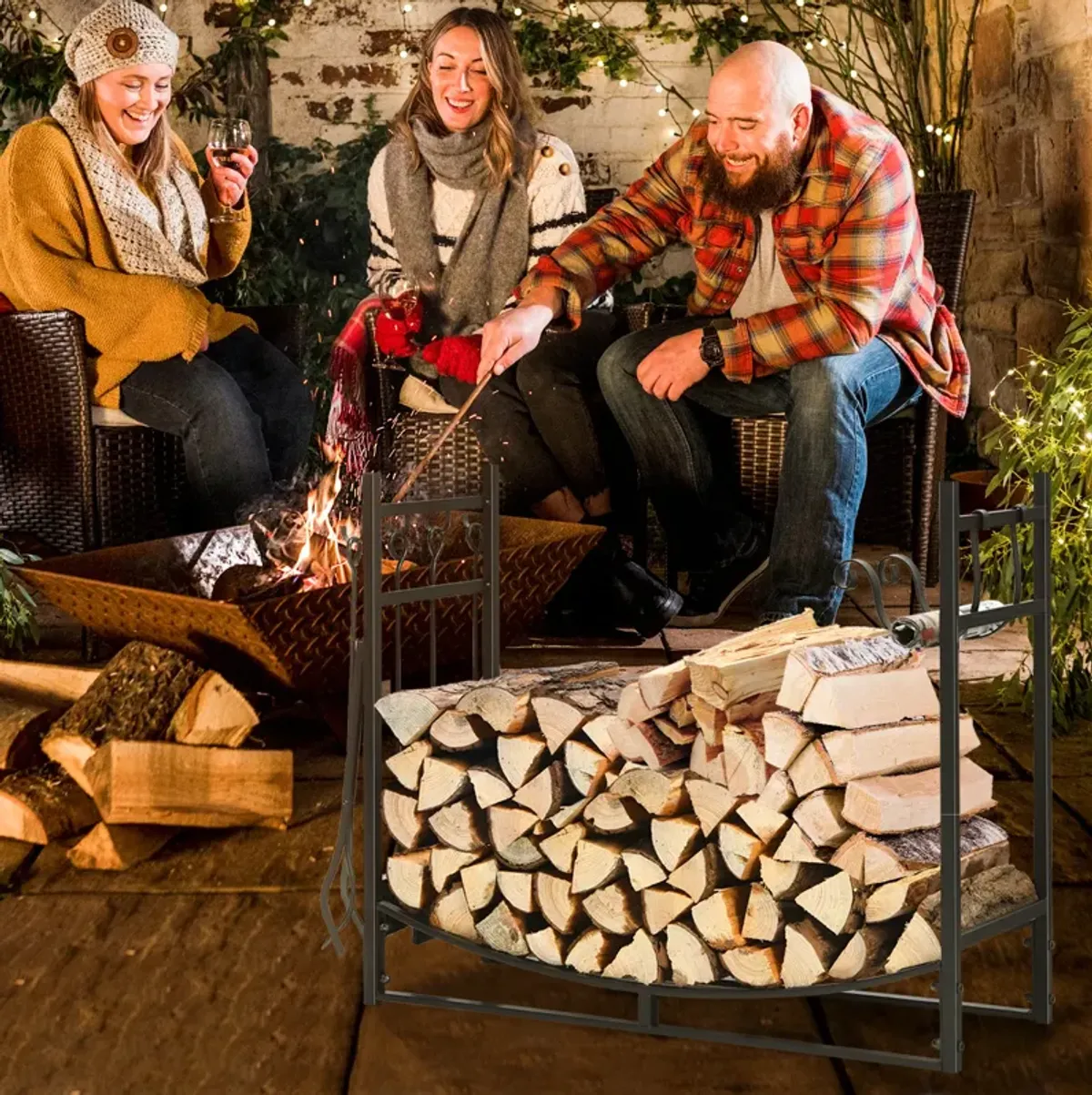 Firewood Rack with 4 Tool Set Kindling Holders for Indoor and Outdoor