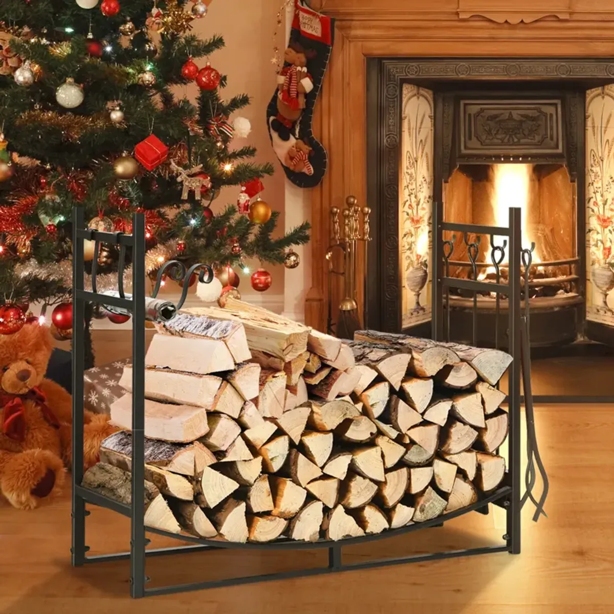 Firewood Rack with 4 Tool Set Kindling Holders for Indoor and Outdoor