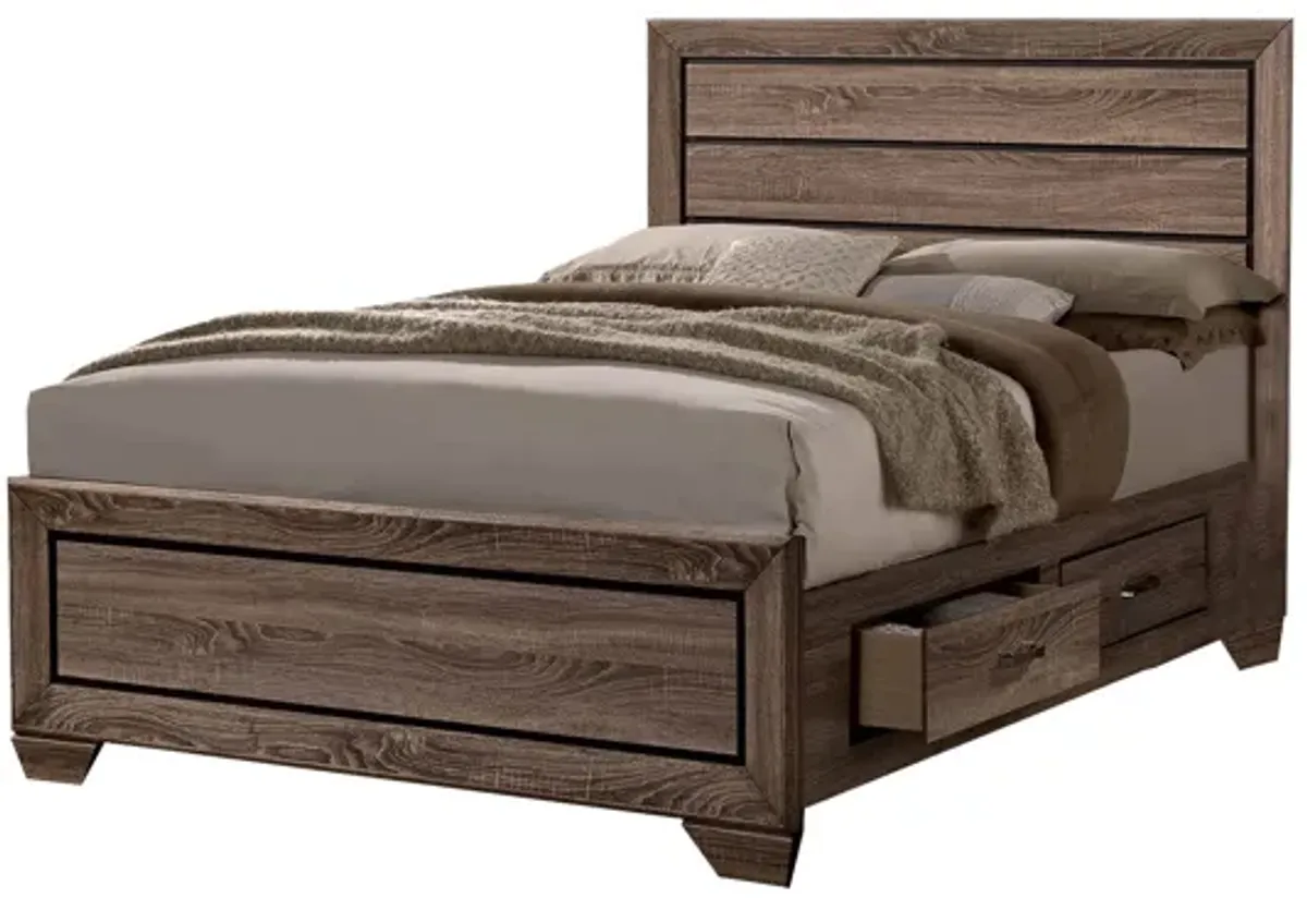 Wooden Queen Size Bed with 4 Spacious Side Rail Drawers, Brown-Benzara