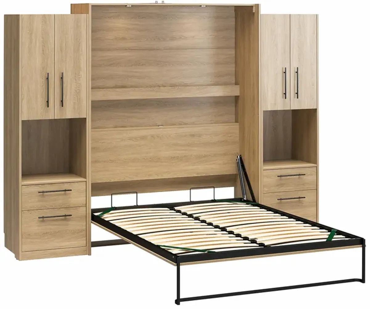 Holly Hills Wall Bed Bundle Queen Sized Wall Bed & 2 Bedside Wardrobe Storage Cabinets, Light Oak