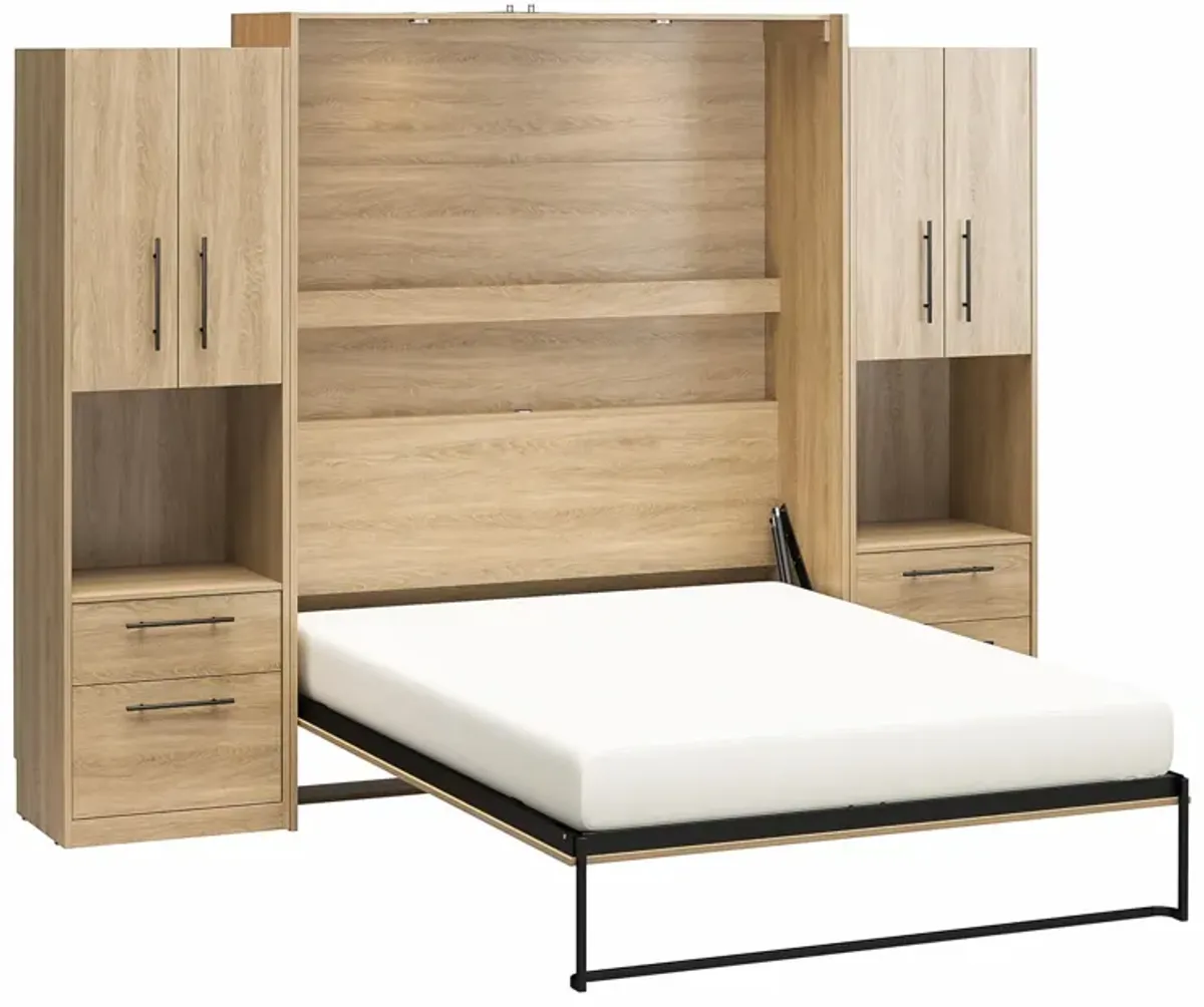 Holly Hills Wall Bed Bundle Queen Sized Wall Bed & 2 Bedside Wardrobe Storage Cabinets, Light Oak