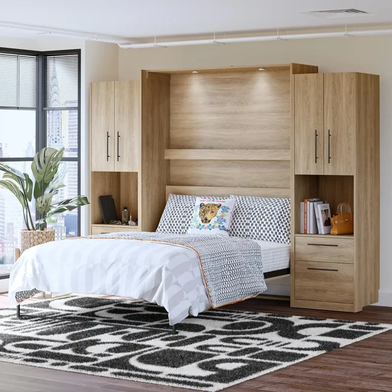 Holly Hills Wall Bed Bundle Queen Sized Wall Bed & 2 Bedside Wardrobe Storage Cabinets, Light Oak