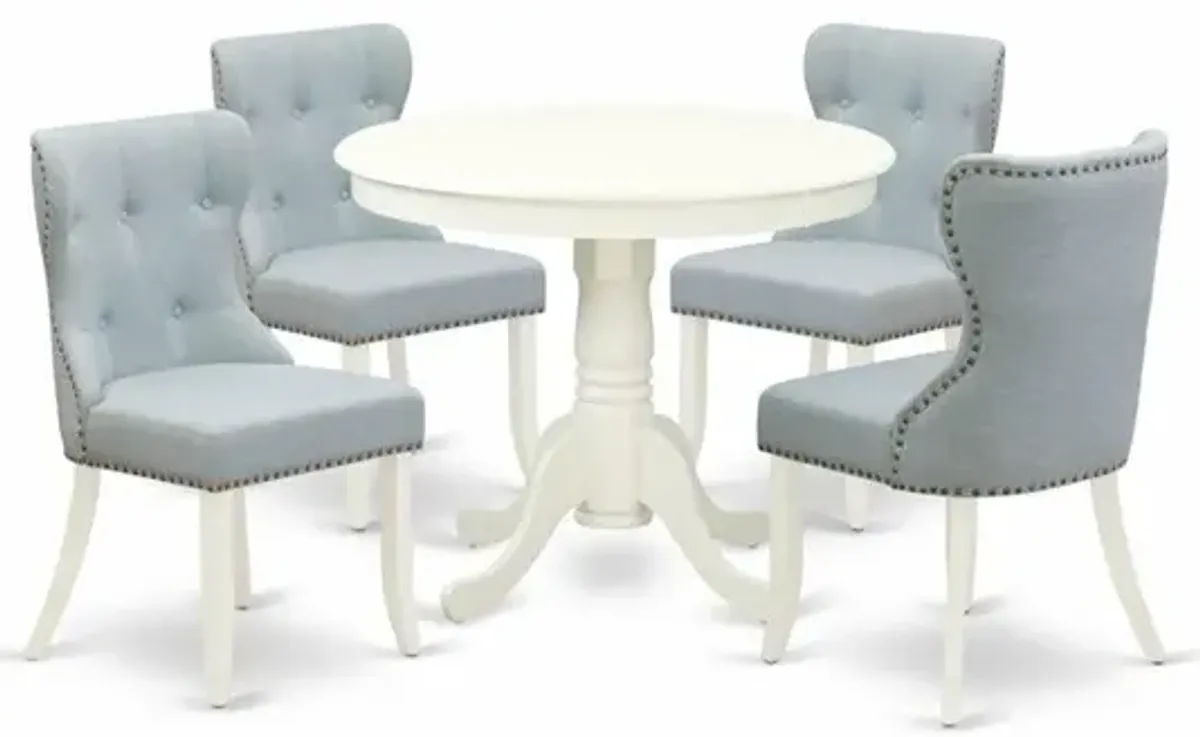 ANSI5-LWH-15 - A dining room table set of 4 wonderful indoor dining chairs with Linen Fabric Baby Blue color and a stunning 36-Inch Round dining table with Linen White color