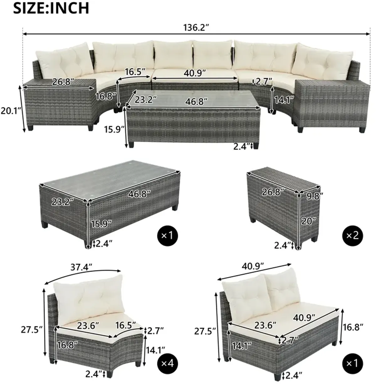 Whisen Outdoor Wicker Round Sofa Set, Half-Moon Sectional Sets All Weather, Curved Sofa Set With Rectangular Coffee Table
