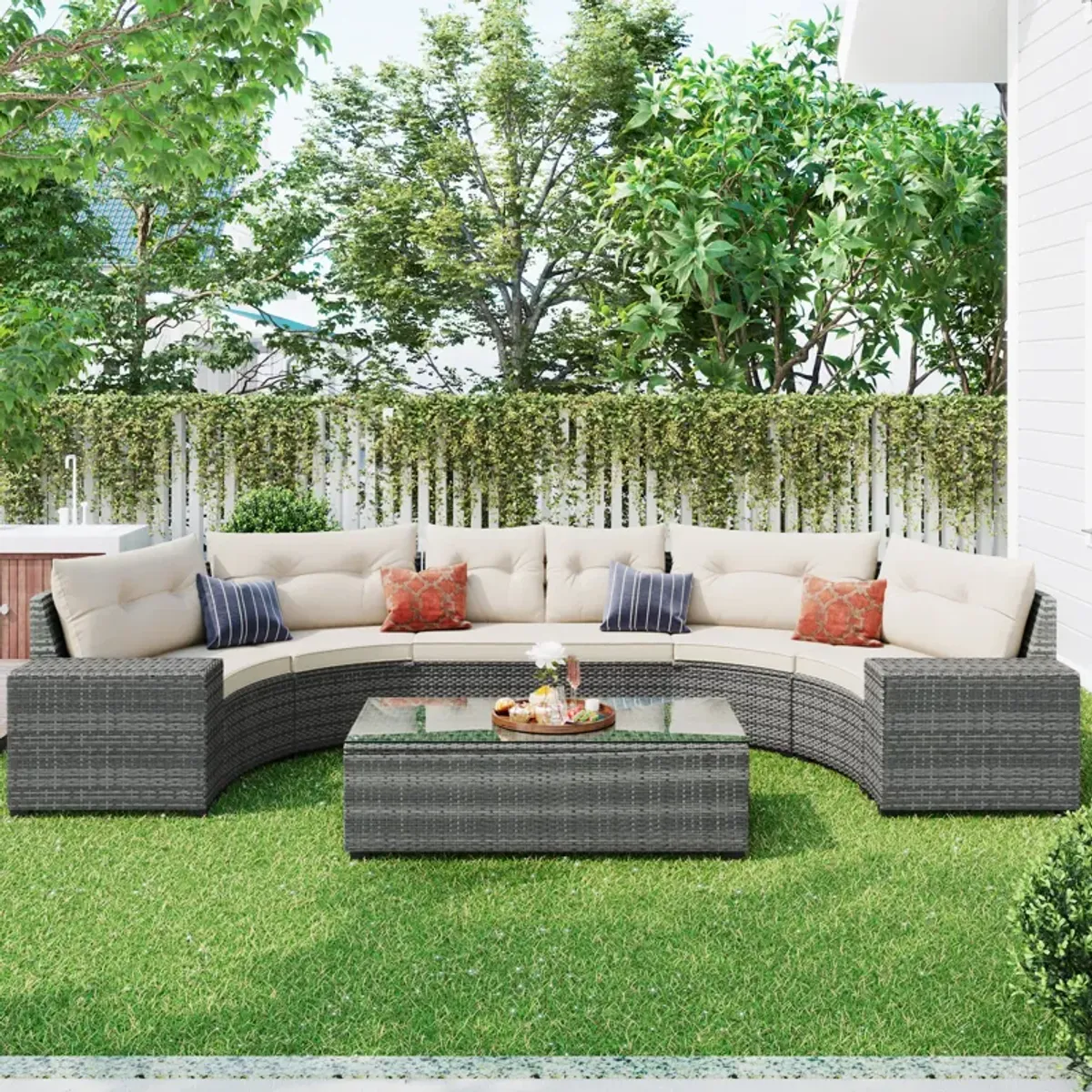 Whisen Outdoor Wicker Round Sofa Set, Half-Moon Sectional Sets All Weather, Curved Sofa Set With Rectangular Coffee Table