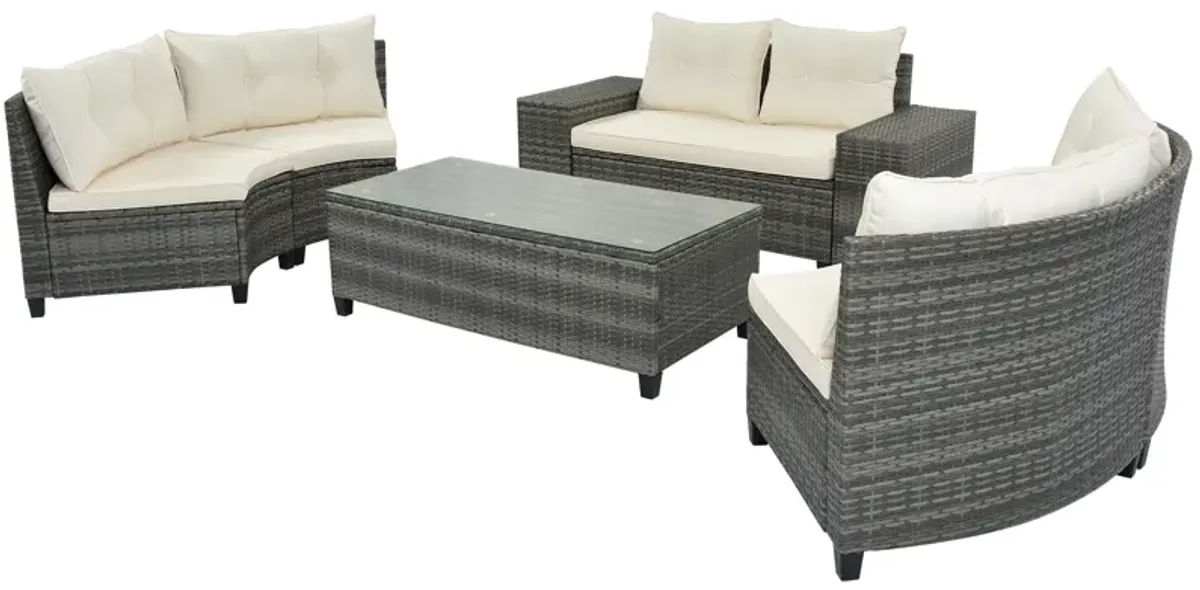 Whisen Outdoor Wicker Round Sofa Set, Half-Moon Sectional Sets All Weather, Curved Sofa Set With Rectangular Coffee Table
