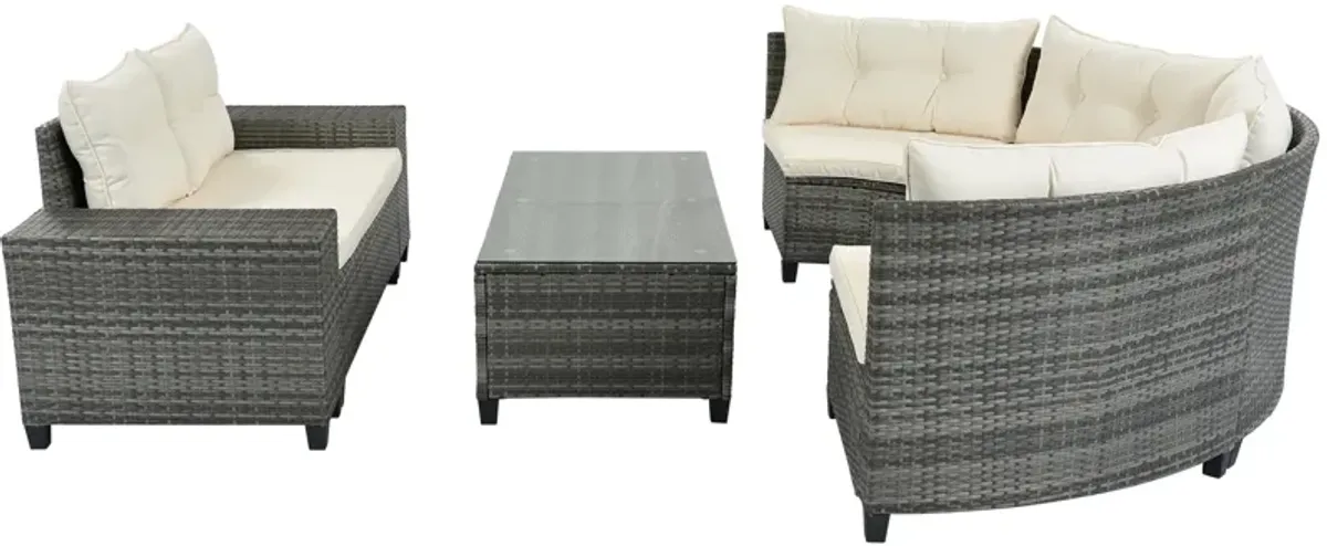 Whisen Outdoor Wicker Round Sofa Set, Half-Moon Sectional Sets All Weather, Curved Sofa Set With Rectangular Coffee Table