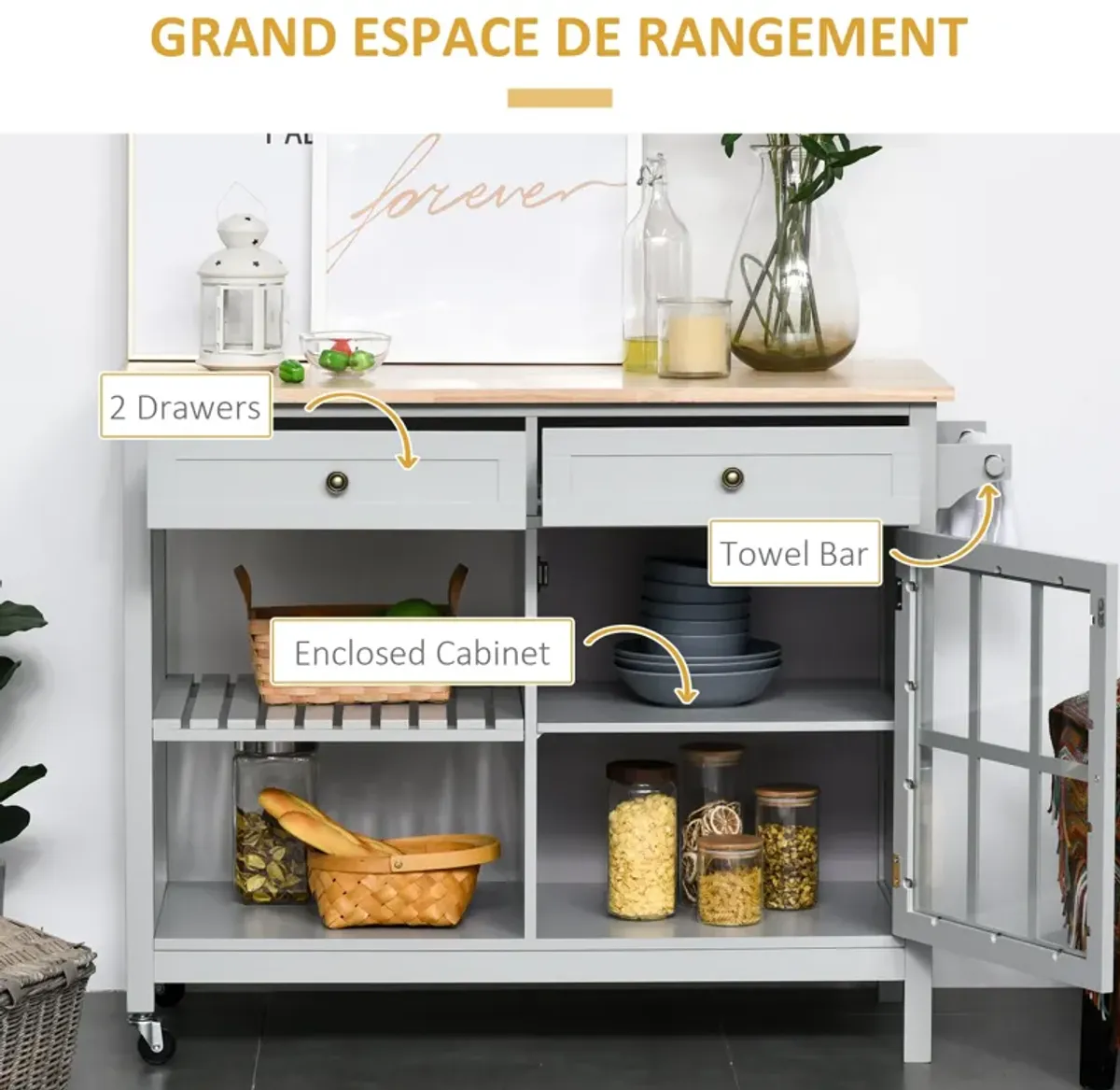 Gray Kitchen Helper: Storage Trolley with Wood Top and Ample Storage