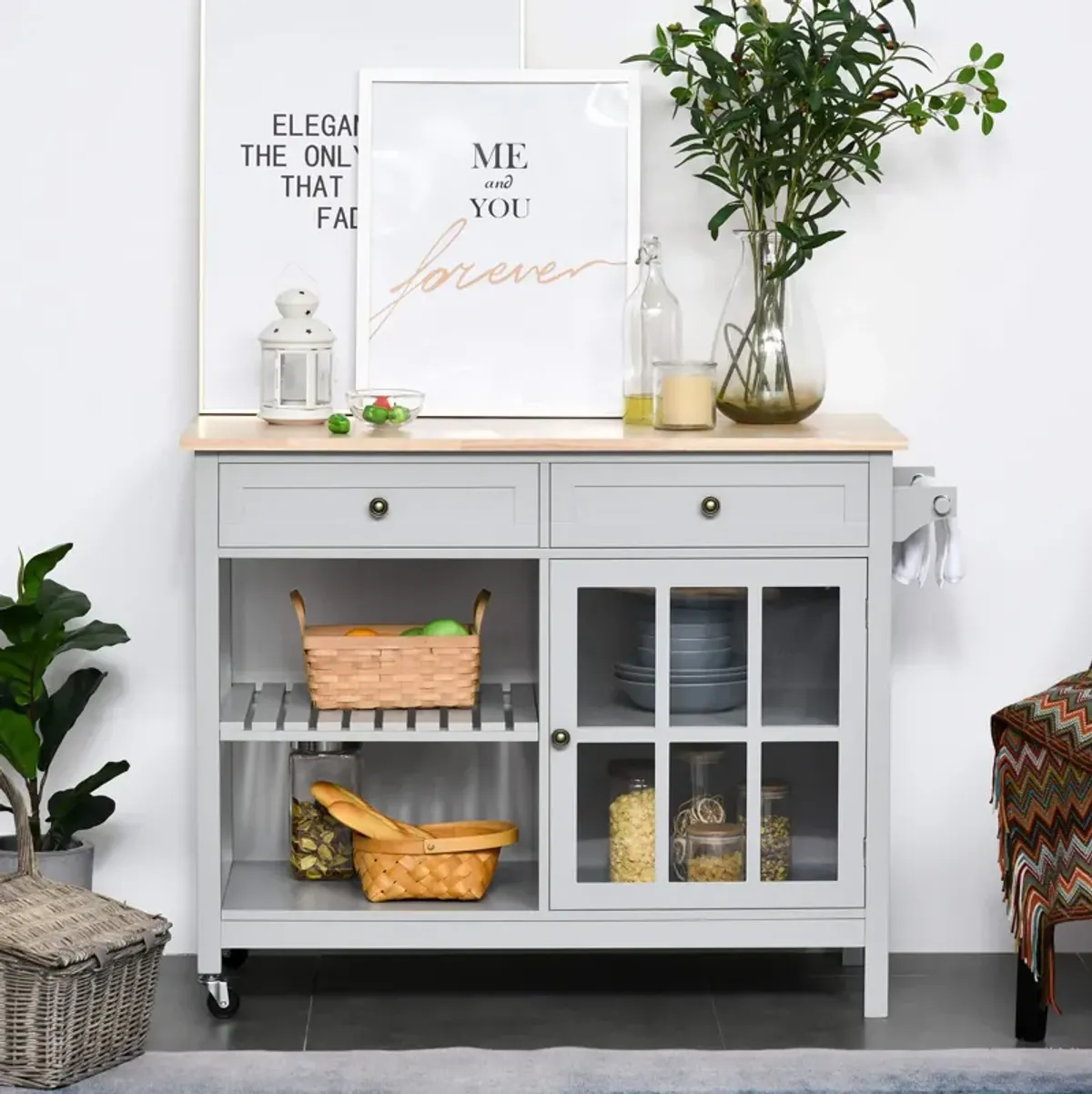 Gray Kitchen Helper: Storage Trolley with Wood Top and Ample Storage