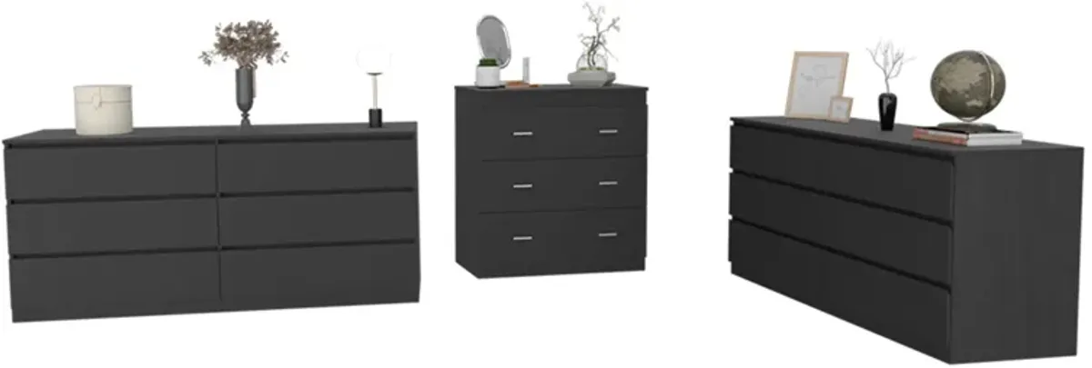 DEPOT E-SHOP Medway 3 Piece Bedroom Set, 2 Cocora 6 Drawer Double Dressers + Capri Three Drawer Dresser, Black