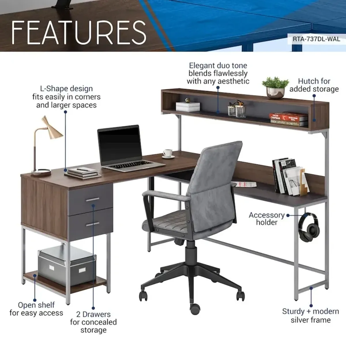 Techni Mobili L-Shape Desk with Hutch and Storage, Walnut