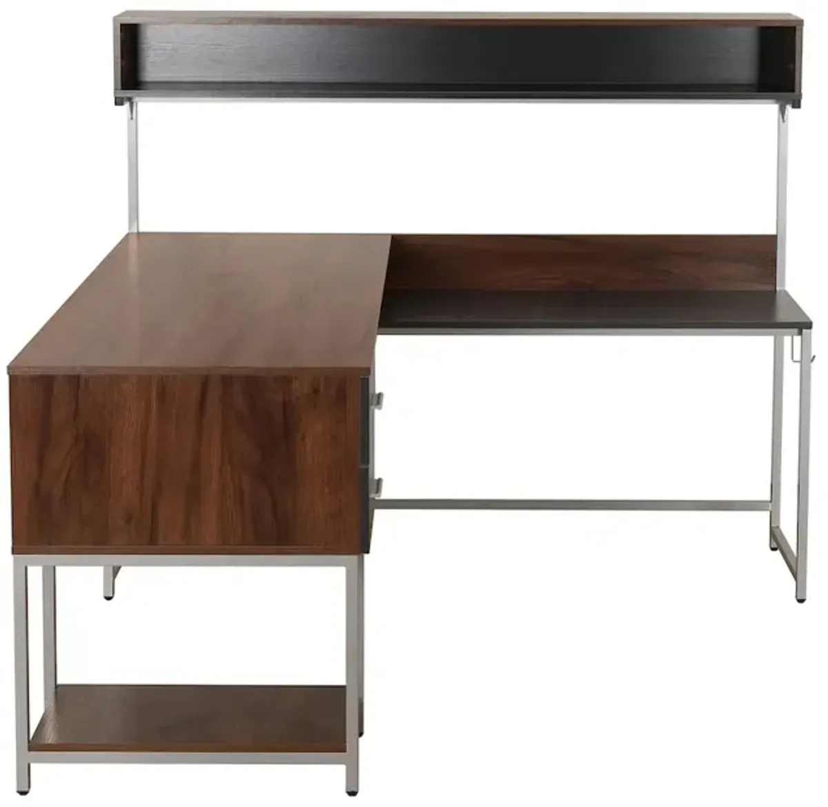 Techni Mobili L-Shape Desk with Hutch and Storage, Walnut