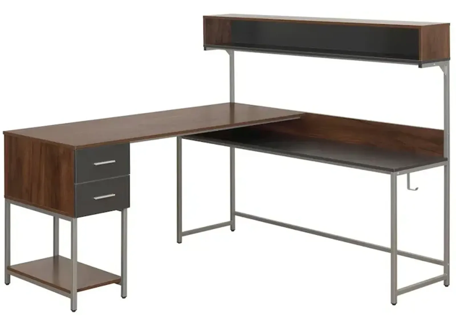 Techni Mobili L-Shape Desk with Hutch and Storage, Walnut