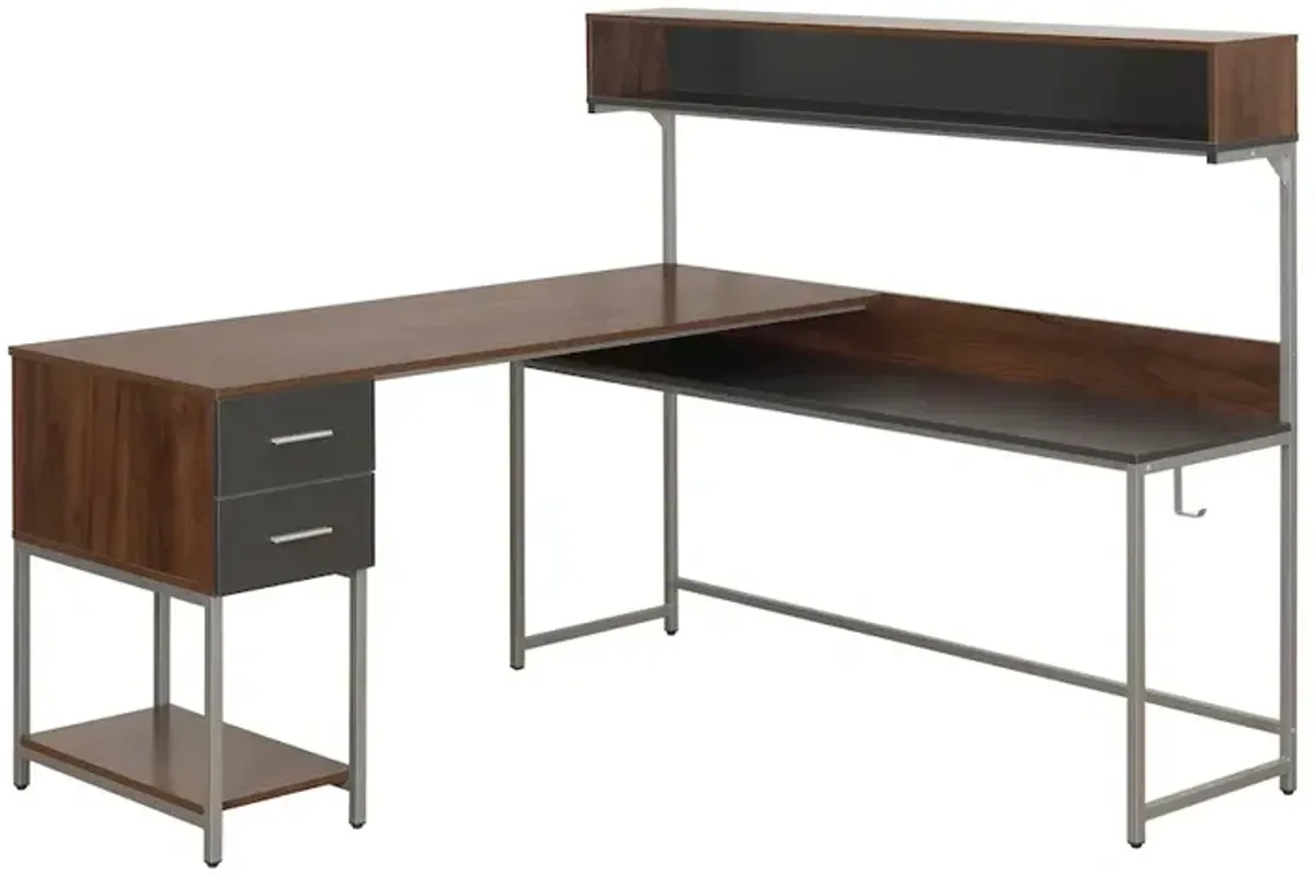 Techni Mobili L-Shape Desk with Hutch and Storage, Walnut