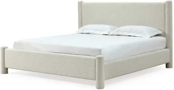 Kizo King Size Platform Bed, Cream Boucle Fabric, Panel Headboard, Slats - Benzara