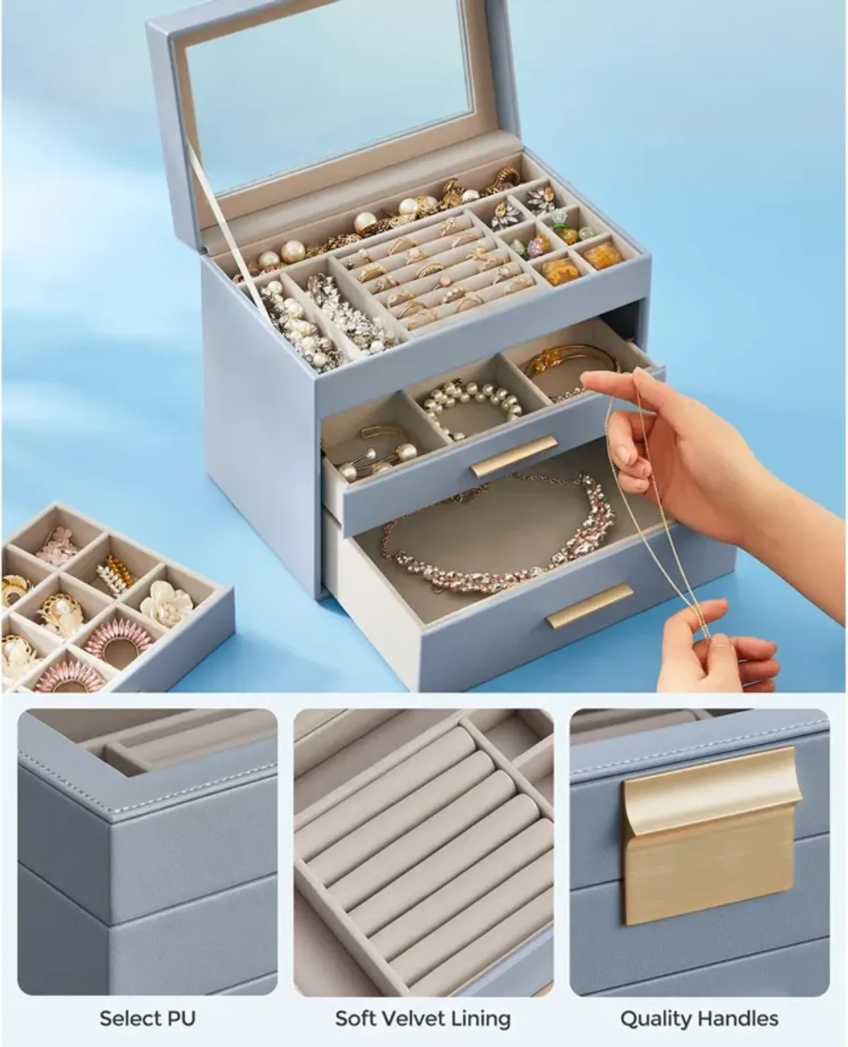 4-Layer Jewelry Box with Glass Lid and 3 Drawers - Modern Organizer for Sunglasses and Big Jewelry