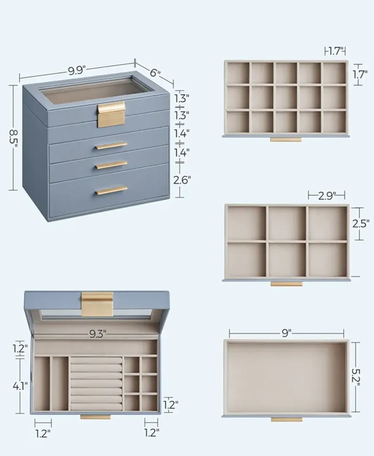 4-Layer Jewelry Box with Glass Lid and 3 Drawers - Modern Organizer for Sunglasses and Big Jewelry