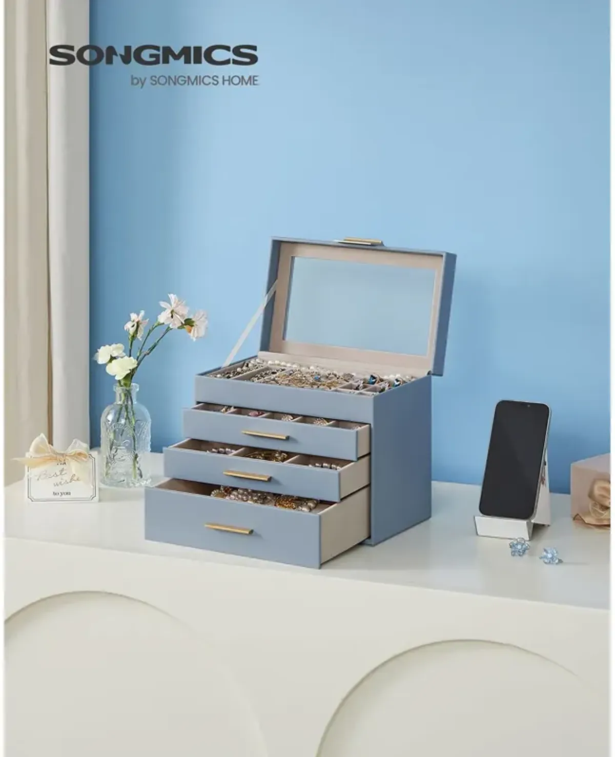 4-Layer Jewelry Box with Glass Lid and 3 Drawers - Modern Organizer for Sunglasses and Big Jewelry