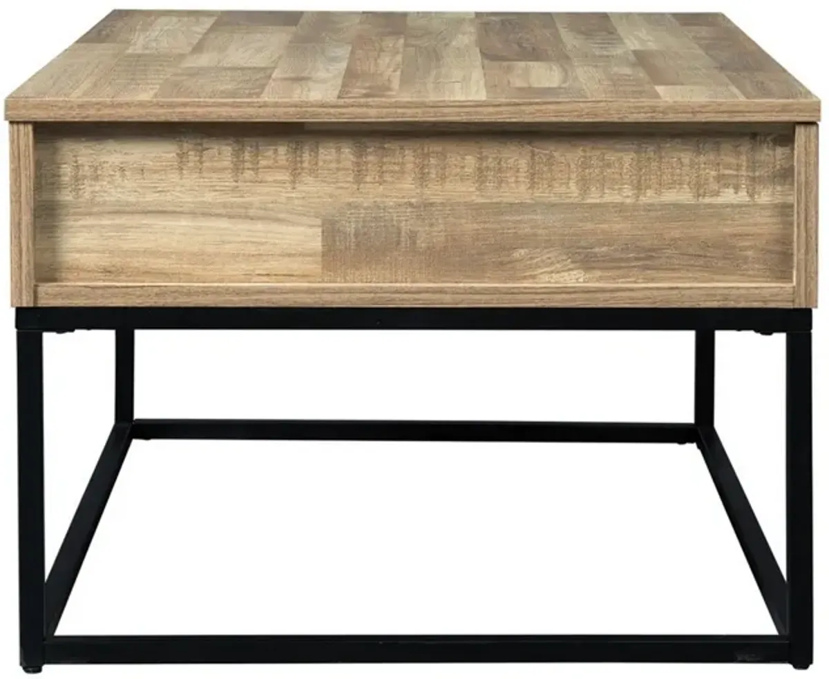 19" Wood and Metal Lift Top Cocktail Table, Brown and Black-Benzara