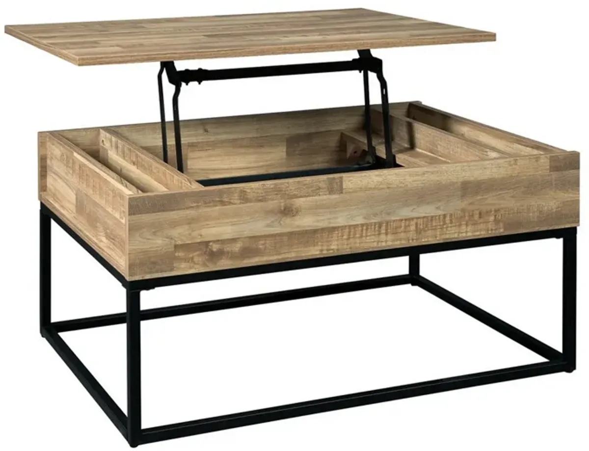 19" Wood and Metal Lift Top Cocktail Table, Brown and Black-Benzara