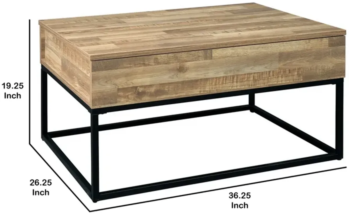 19" Wood and Metal Lift Top Cocktail Table, Brown and Black-Benzara