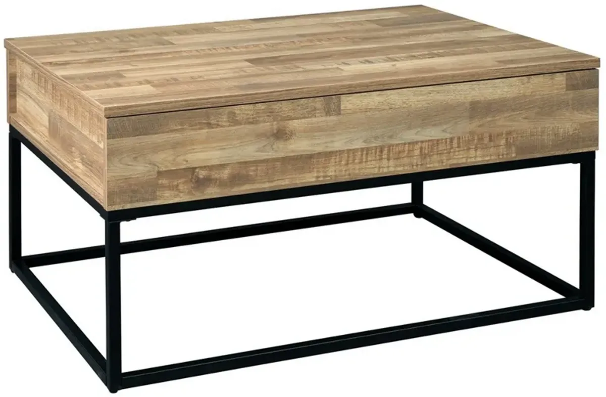 19" Wood and Metal Lift Top Cocktail Table, Brown and Black-Benzara