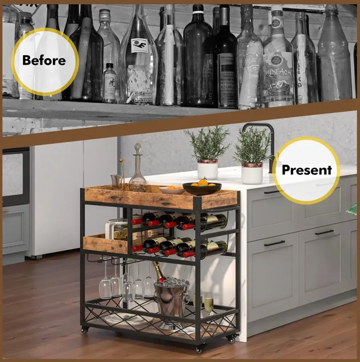 3-Tier Rolling Bar Cart with Removable Tray and Wine Rack-Rustic Brown