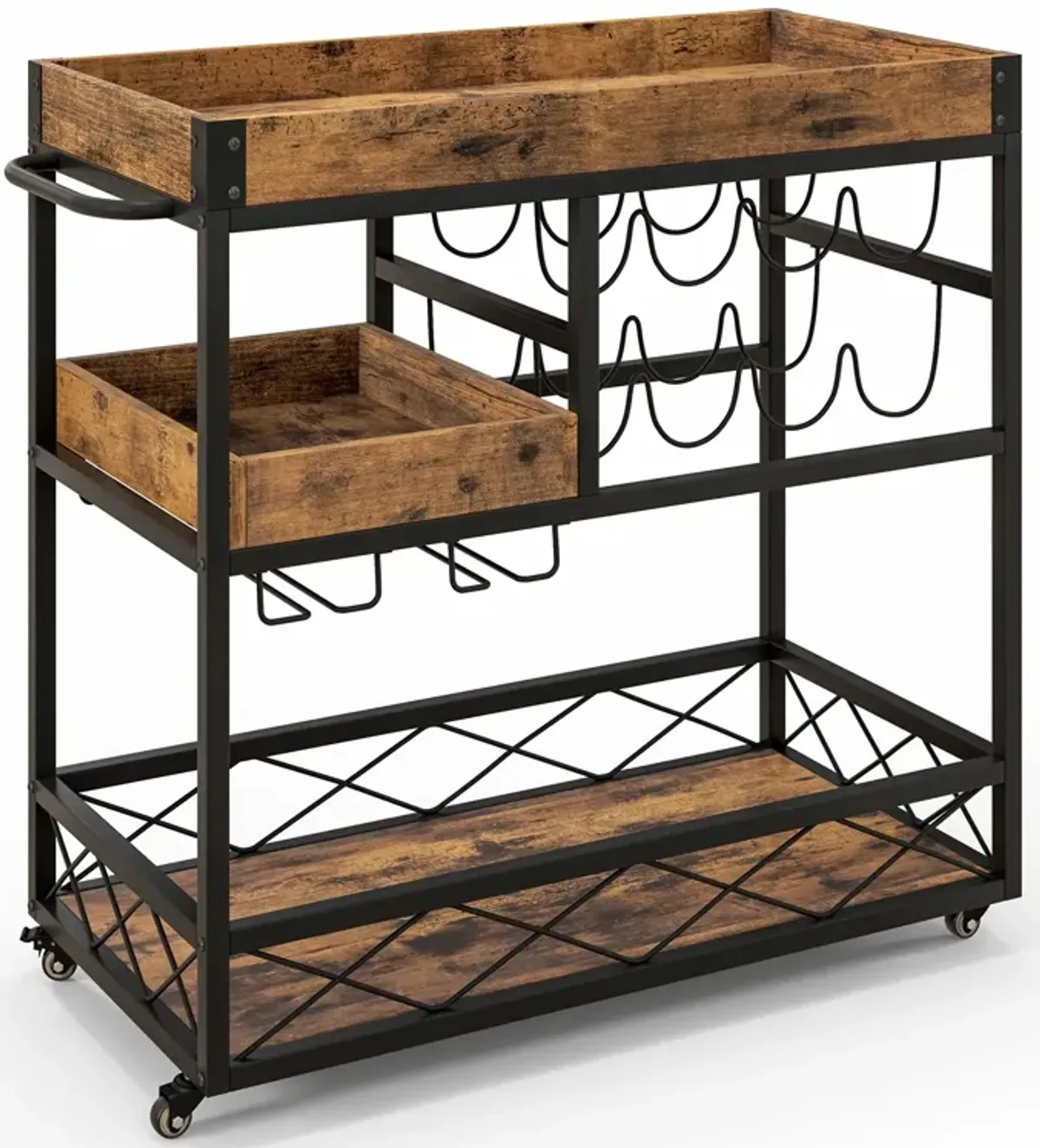 3-Tier Rolling Bar Cart with Removable Tray and Wine Rack-Rustic Brown