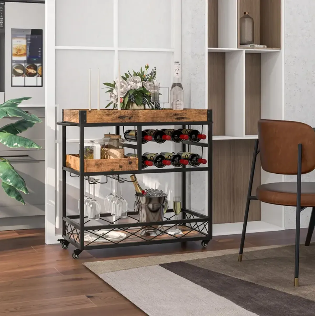 3-Tier Rolling Bar Cart with Removable Tray and Wine Rack-Rustic Brown