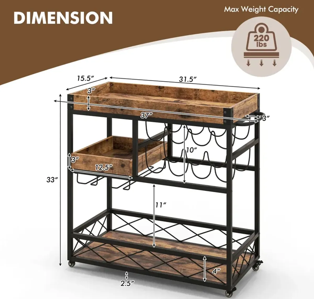 3-Tier Rolling Bar Cart with Removable Tray and Wine Rack-Rustic Brown