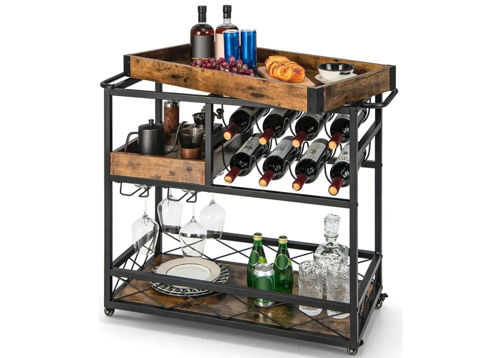 3-Tier Rolling Bar Cart with Removable Tray and Wine Rack-Rustic Brown