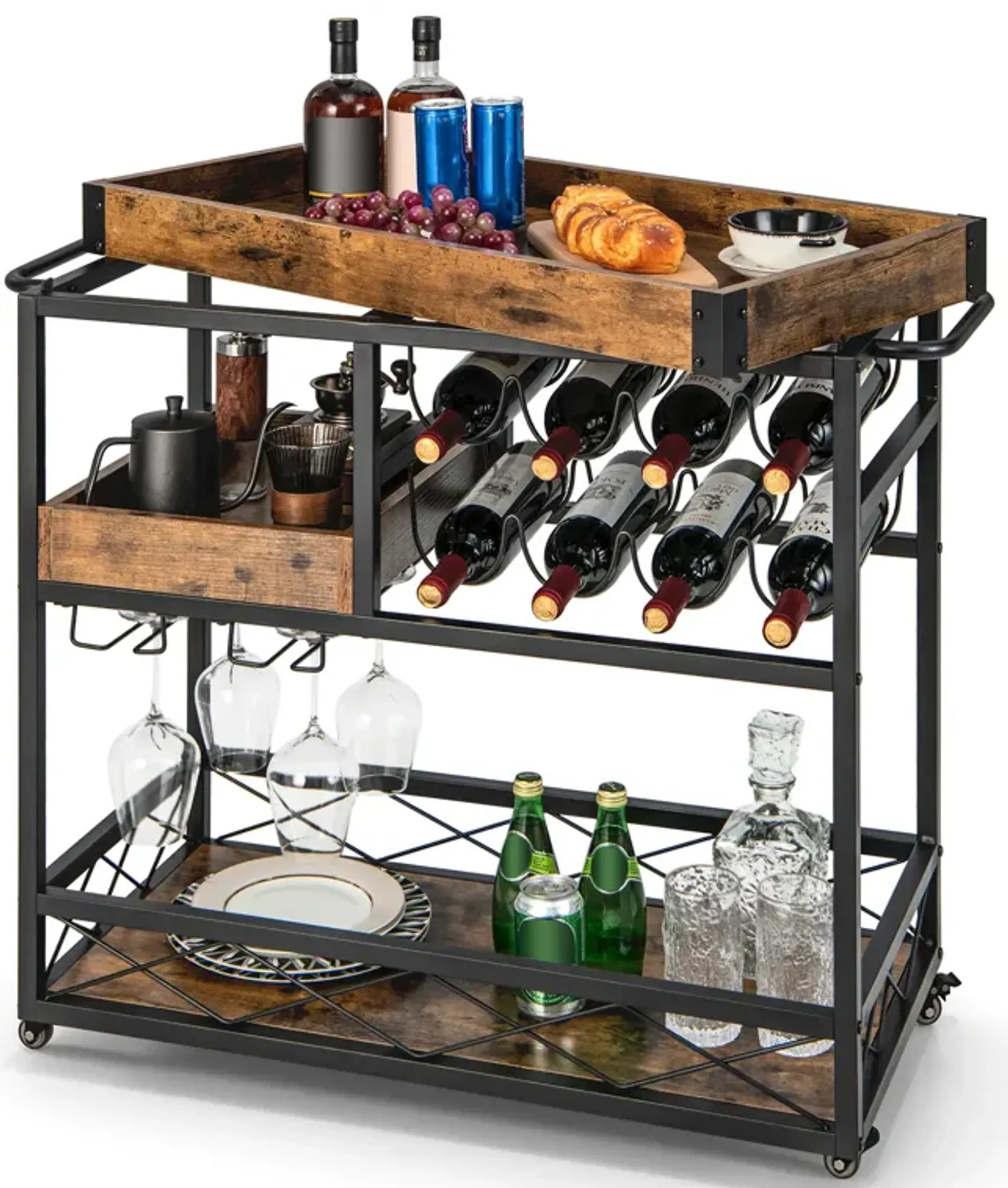 3-Tier Rolling Bar Cart with Removable Tray and Wine Rack-Rustic Brown