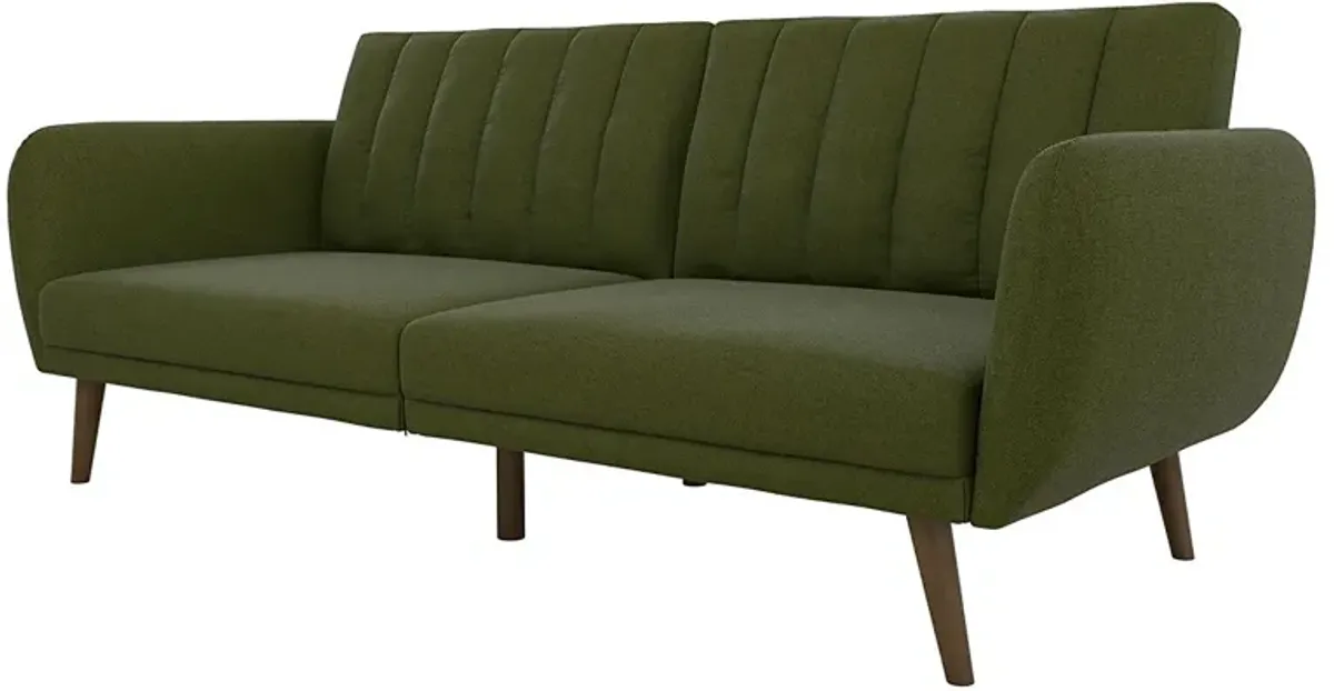 Linen Upholstered Futon Sofa Bed with Mid Century Style Wooden Legs