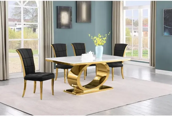 5pc Small(68") marble top dining set with gold base and 4 Black side chairs