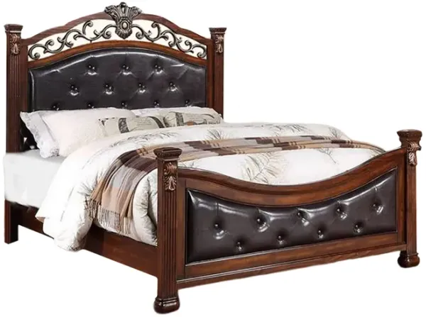 Jax Traditional King Size Bed, Tufted Upholstered Headboard, Cherry Brown - Benzara