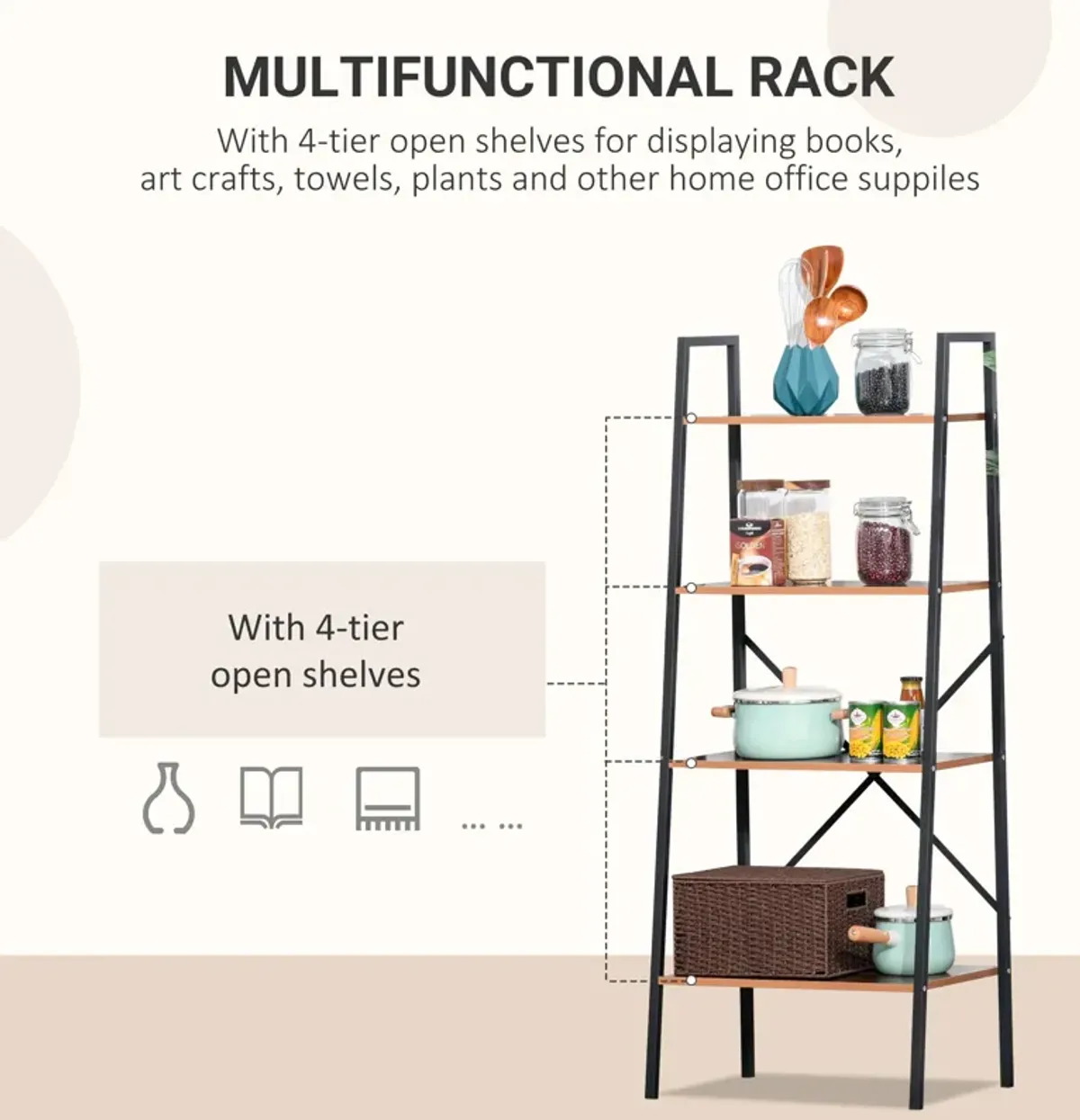 Black Rustic Organizer: 4-Tier Vintage Ladder Bookshelf for Bathroom/Living Room