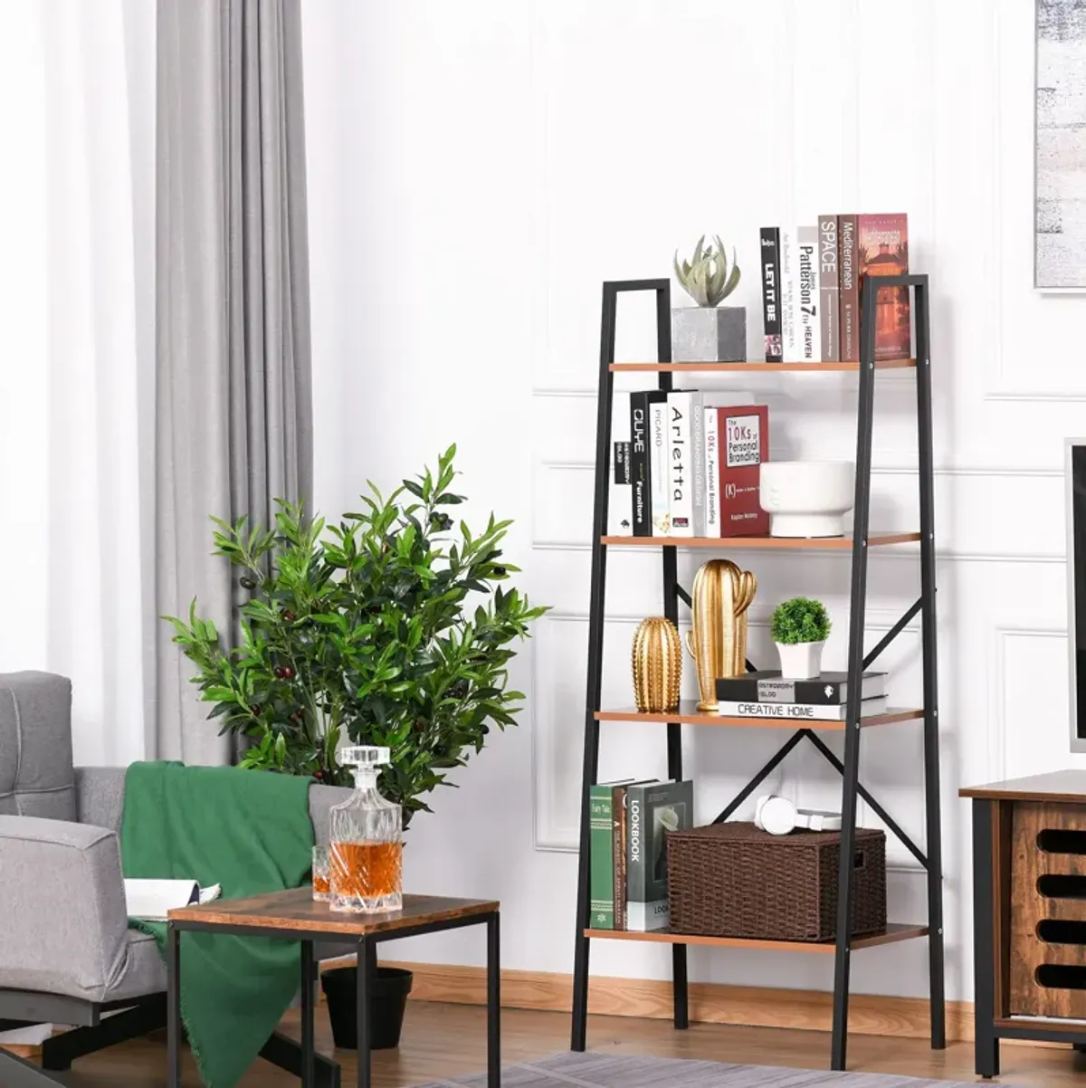 Black Rustic Organizer: 4-Tier Vintage Ladder Bookshelf for Bathroom/Living Room