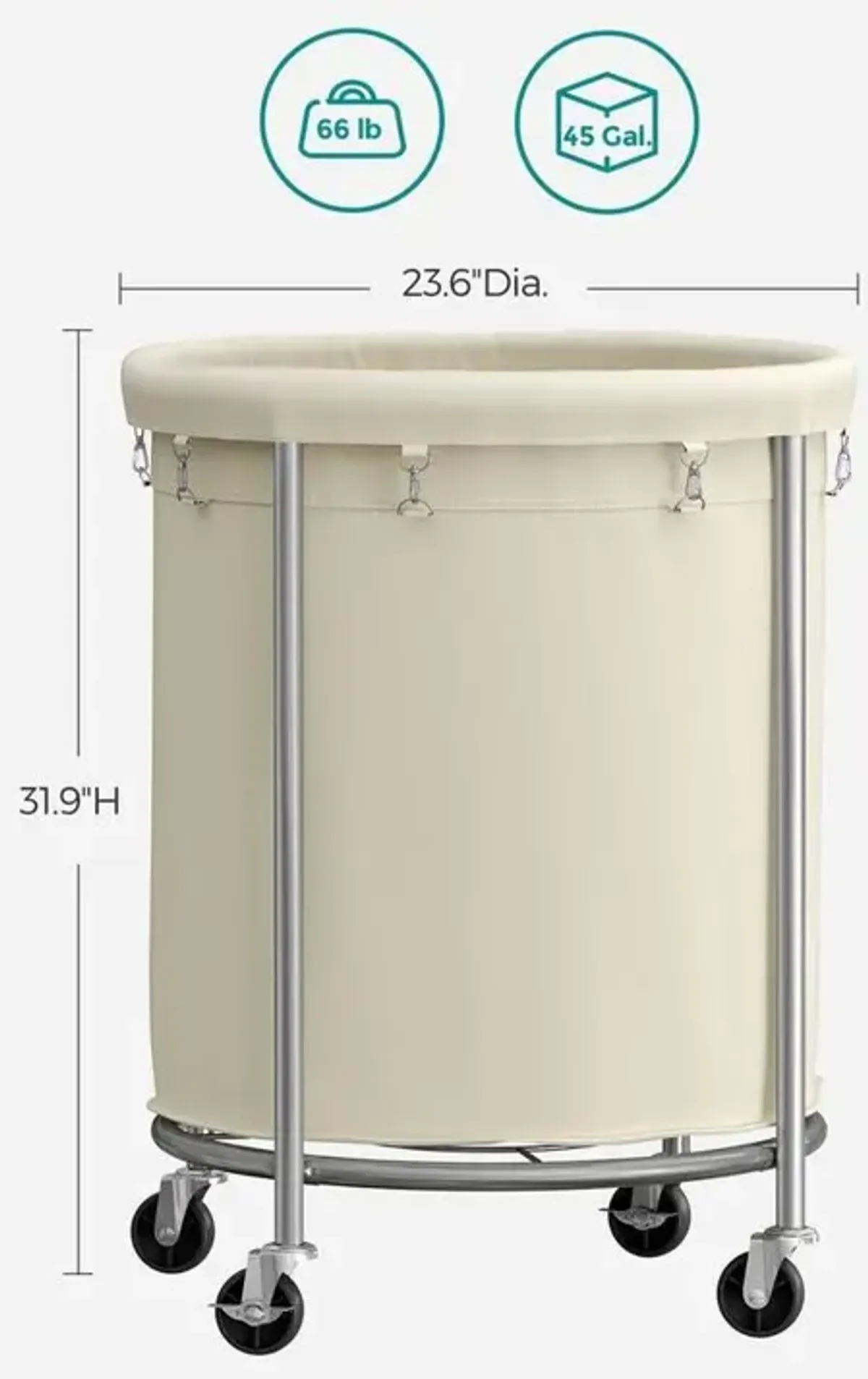 Laundry Basket with Wheels and Removable Bag, Steel Frame, 4 Casters and 2 Brakes