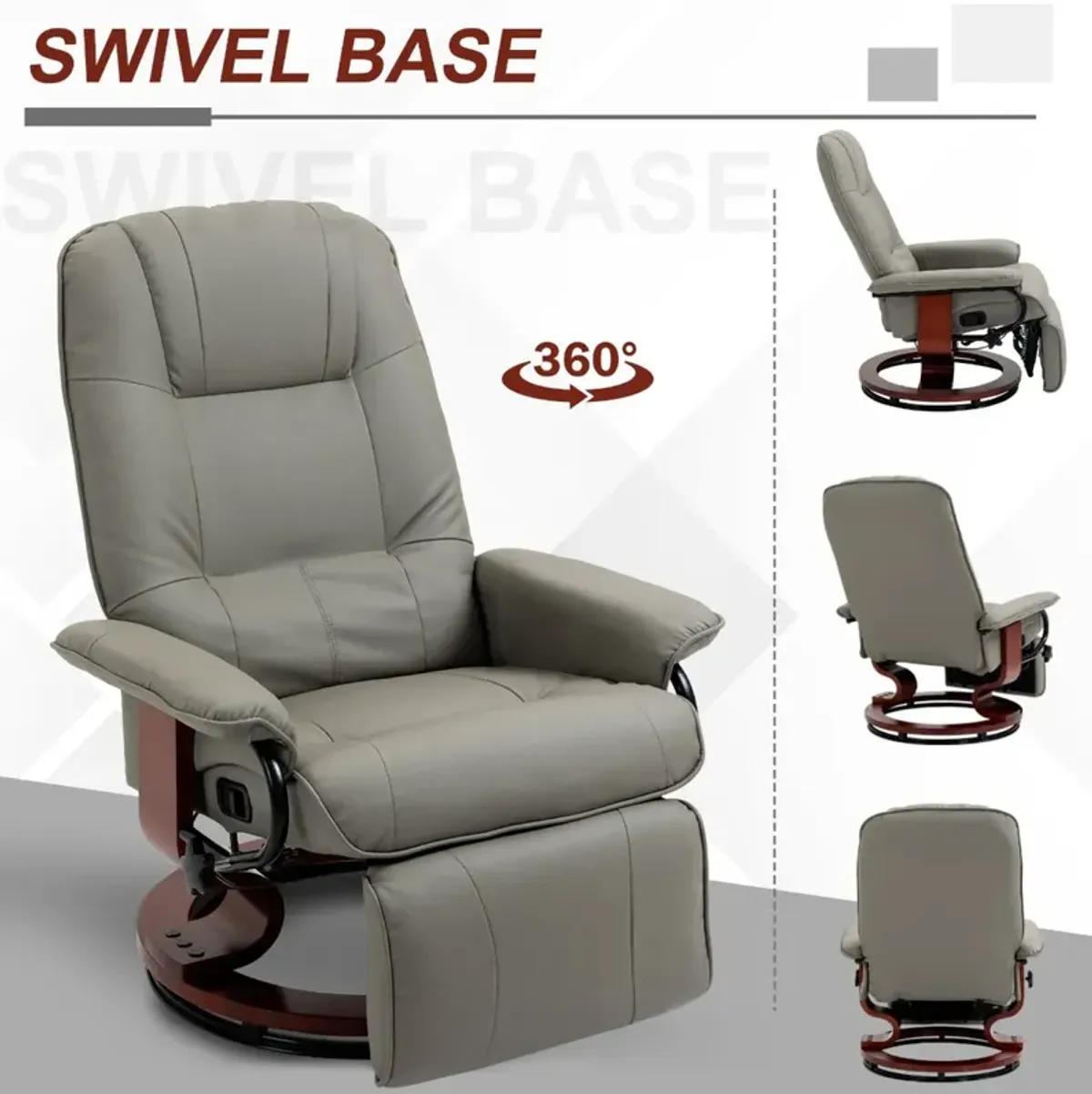 Gray Lounging Luxury: Faux Leather Manual Recliner with Wood Base