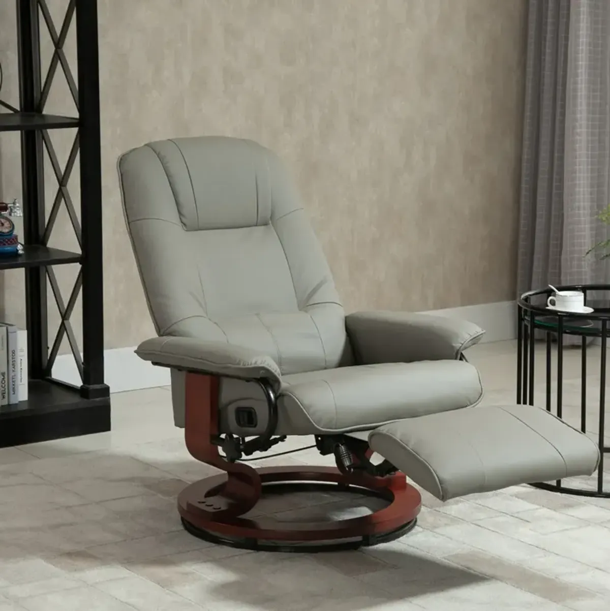 Gray Lounging Luxury: Faux Leather Manual Recliner with Wood Base