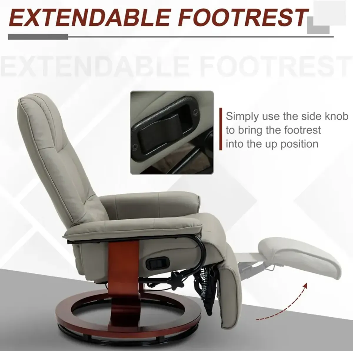 Gray Lounging Luxury: Faux Leather Manual Recliner with Wood Base