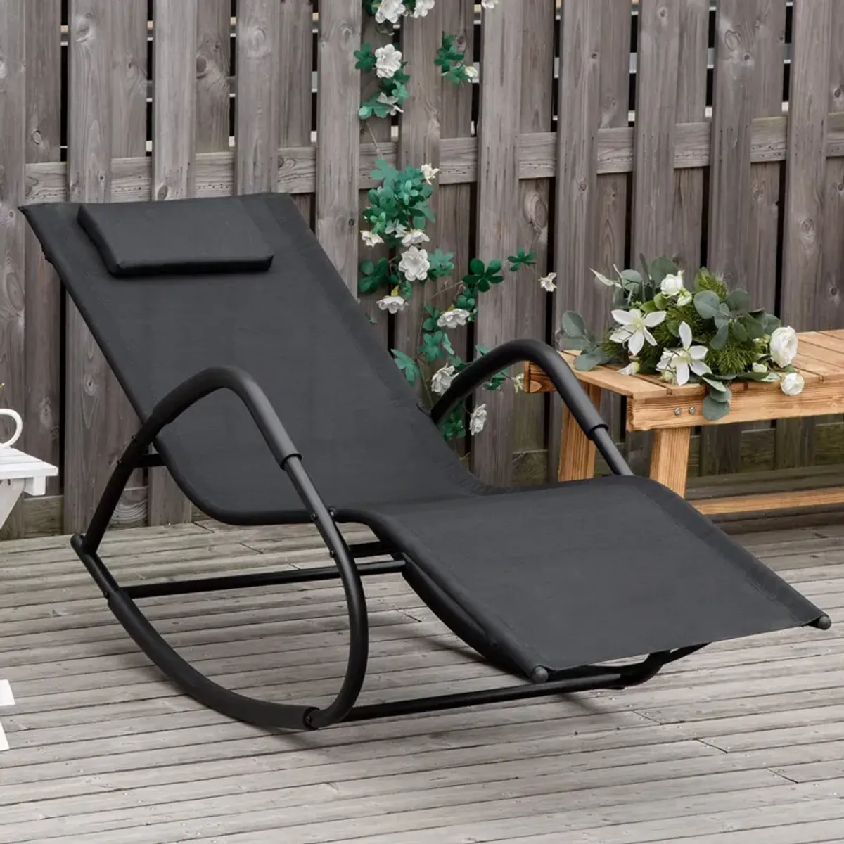 Black Outdoor Relaxer: Zero-gravity Rocking Sun Lounger for Poolside