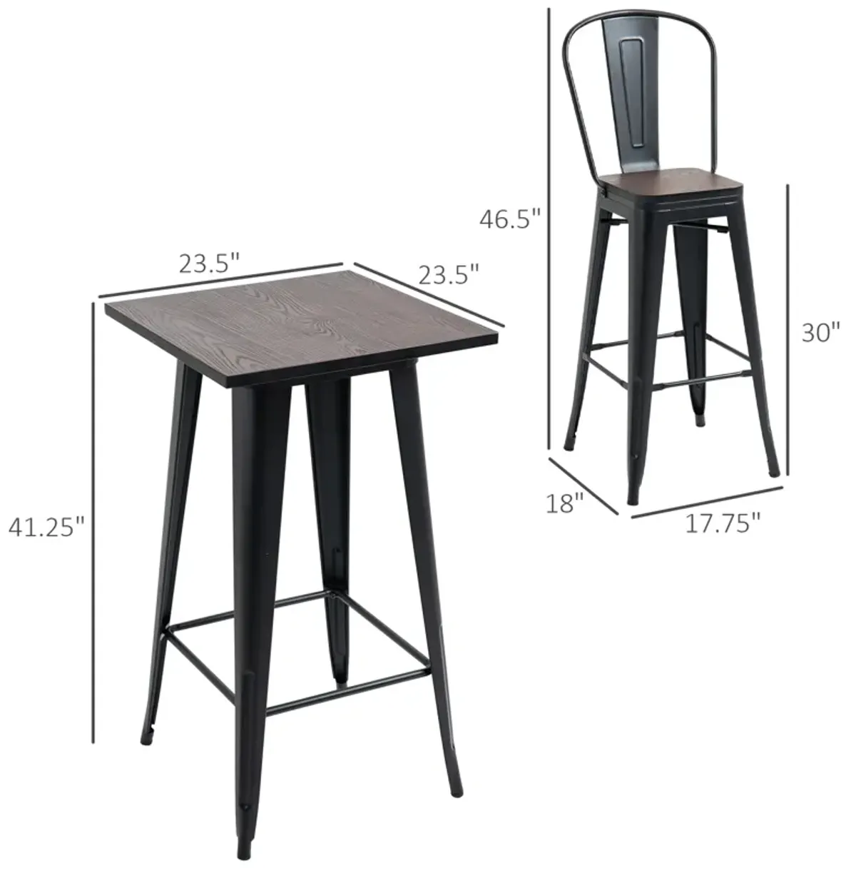 HOMCOM 3 Piece Industrial Dining Table Set, Bar Height Bar Table and Chairs Set with Footrests for Bistro, Pub, Black, and Brown